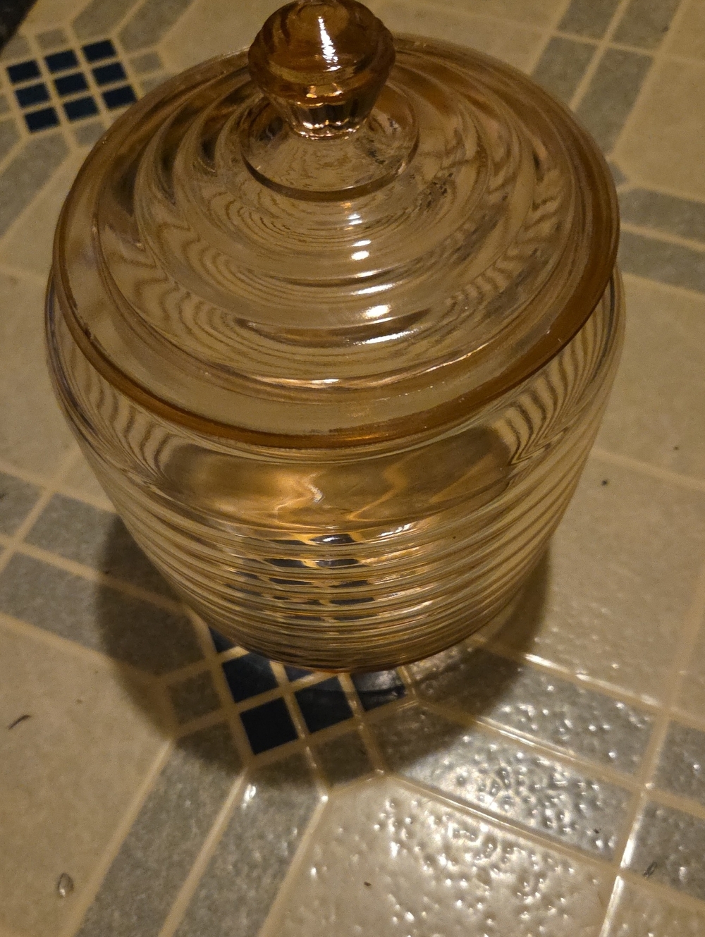 Pink Manhatten Depression Glass Cookiw Jar.